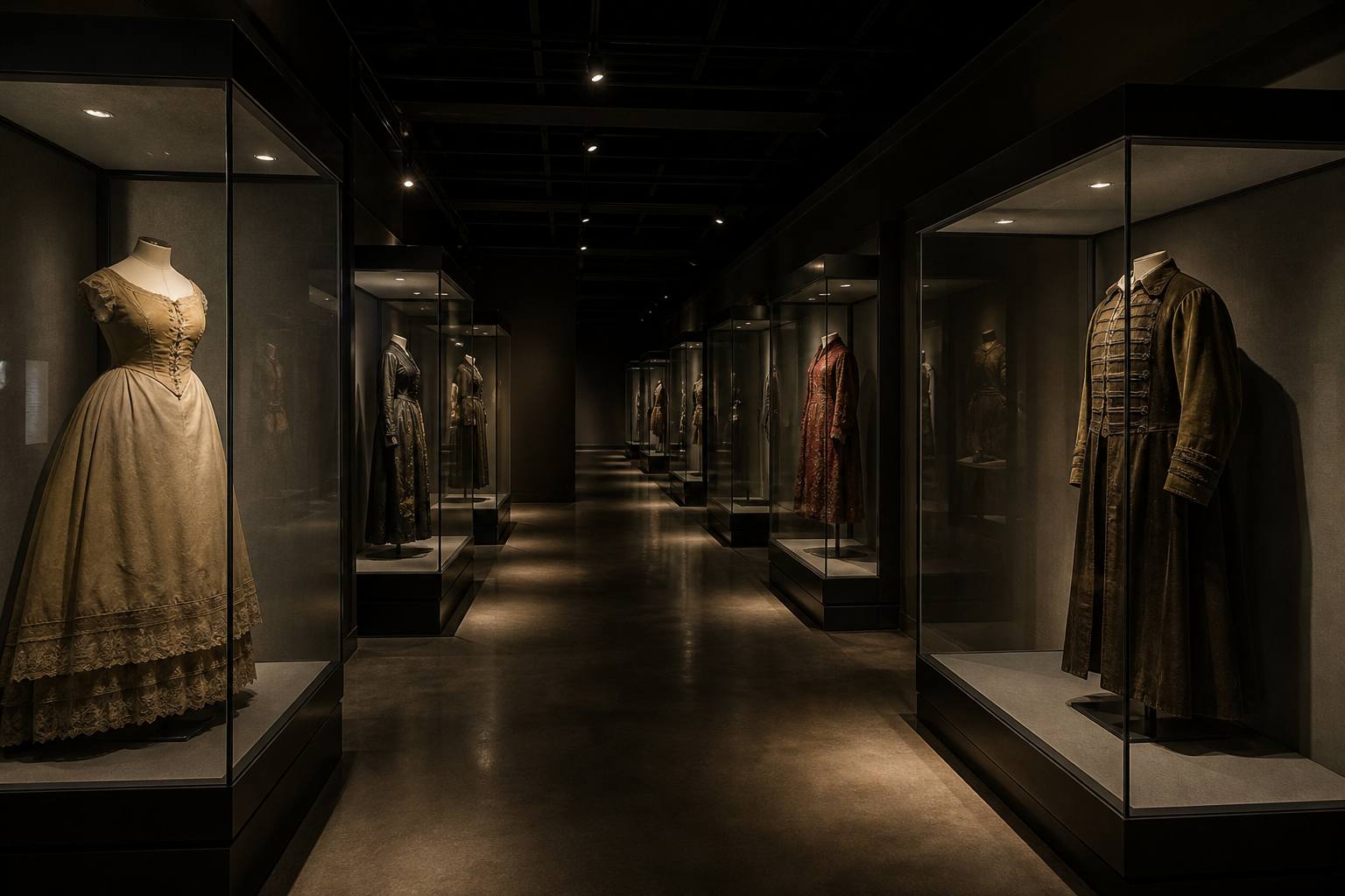 Costume displays in a quiet corridor
