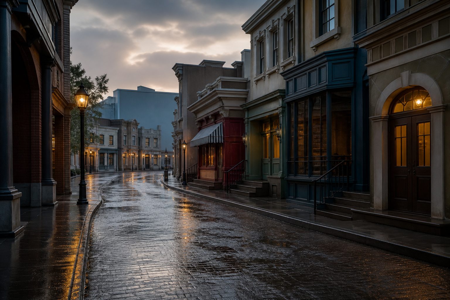 Rain-wet backlot street for logistics comparison