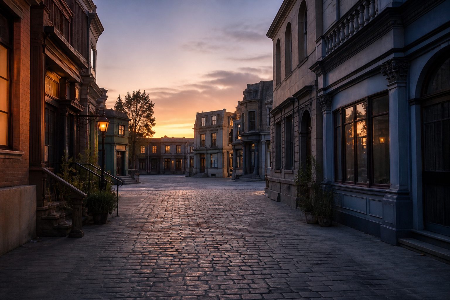Atmospheric film studio street at golden hour