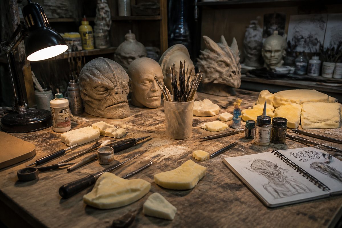 Workshop bench with sculpting tools