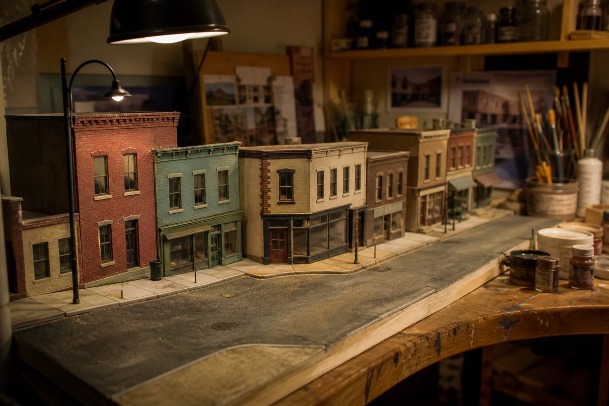 Miniature street model on a workshop table